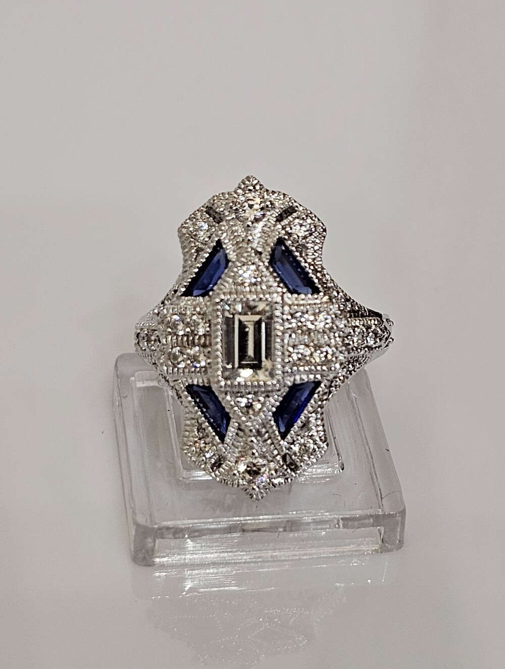 Beautiful Blue Sapphire & White Diamond Simulant Sterling Silver Ring Sz 6!